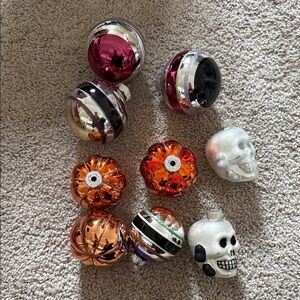 Set of 9 - Shiny Brite Halloween Ornaments - Pumpkins and Skulls